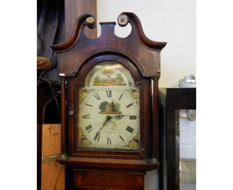 Late 19th century oak and mahogany inlaid longcase clock with swan neck pediment, painted dial, by "JNO Oldham, Southam" (War