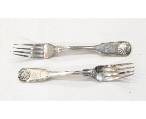 Pair of Chinese export silver fiddle, thread and shell pattern table forks, Canton circa 1830, maker's mark "CC" (unidentifie