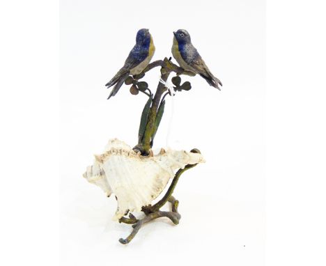 19th century painted led model of two blue birds on branch with shell scroll base, with hook possible for pocket watch (af)