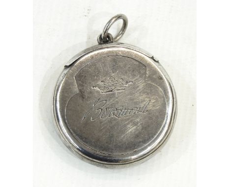 Victorian silver fob snuff box, London 1873 of plain circular form with hinged cover and gilt interior, engraved with coronet