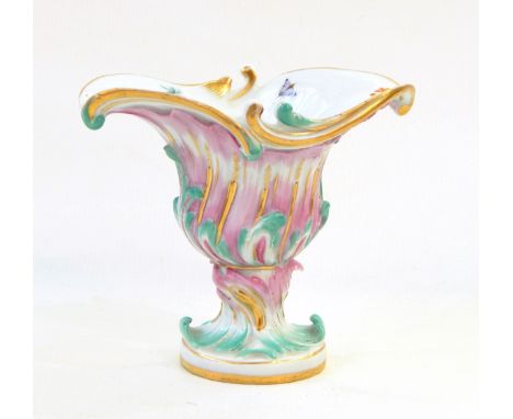 Meissen porcelain vase of oval shell shaped design, handpainted floral sprays and insects to centre, the moulded surround hei