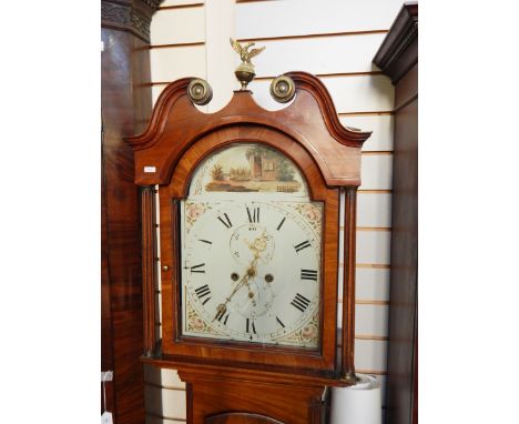 Late 18th century mahogany eight-day longcase clock with swan neck pediment, painted broken arch dial, subsidiary seconds and