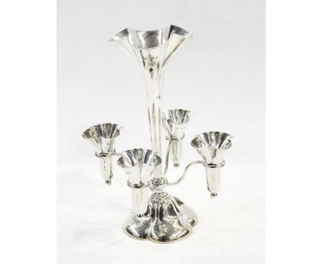 Edwardian silver epergne having trumpet-shaped central vase and four smaller similar vases, on scroll supports below, all on 