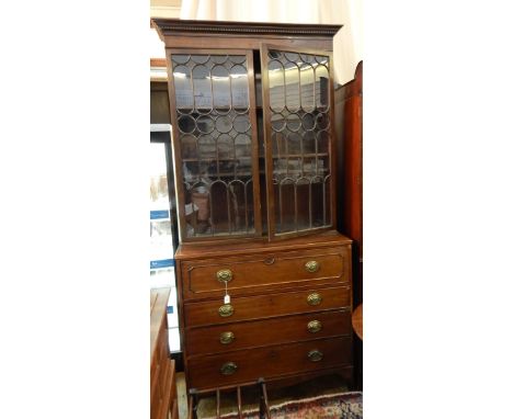 Georgian secretaire bookcase with stepped and dentil cornice, astragal-glazed panel doors, three shelves, secretaire drawer w