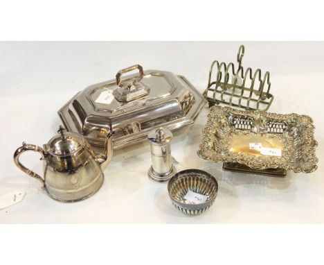 Silver plated salver of shaped square form, on four scroll feet, 41cm square, two silver plated vegetable tureens and covers,