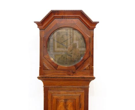 Edward Barnsley walnut regulator longcase clock, the hood with angular arched pediment, the circular steel dial with subsidia