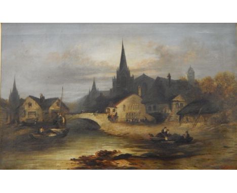 K Kaufmann (1843-1902) Oil on canvasDutch river landscape with bridge and churches, 53cm x 84cm 
