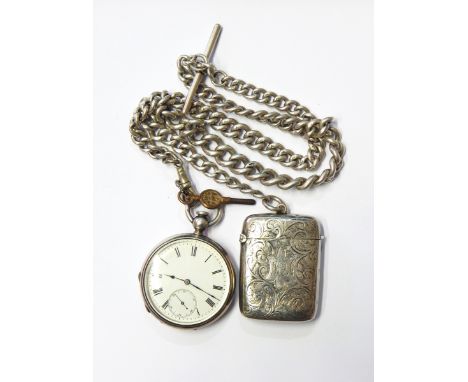 Silver open-faced pocket watch, the enamel dial with subsidiary seconds dial, on a heavy curb link watch chain with an engrav