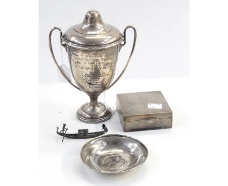 Silver cigarette box of square engine-turned form, silver two-handled trophy, London 1917 with inscription relating to the 11