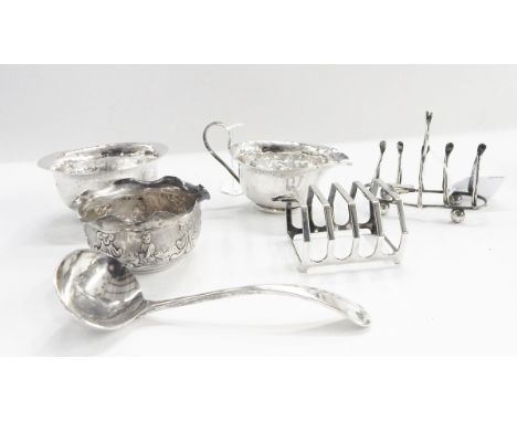 Four-division Art Deco style toast rack, rat-tail ladle (crested), bowl, six tulip finial coffee spoons, four-division wishbo