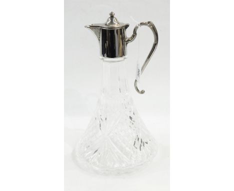 Moulded glass claret jug with silver plated mounts, two-handled oval silver plated tray with engraved decoration, three furth