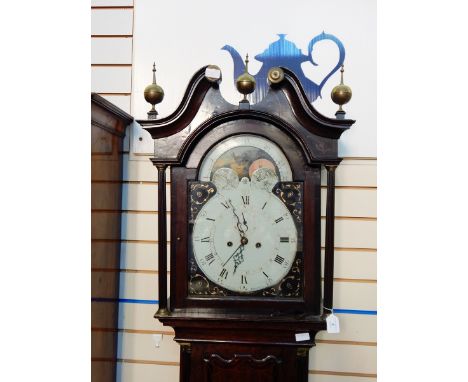 George III inlaid oak longcase clock with swan neck pediment by "R Baker, Tamworth", with painted moonphase and eight-day mov