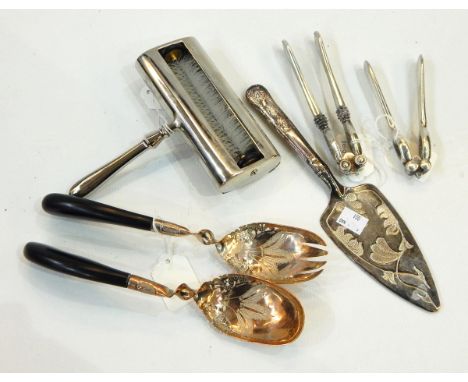 Set of six silver plate fiddle, thread and shell pattern table forks by Elkington & Co, engraved with crest and motto and fiv