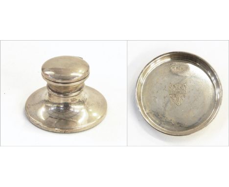Silver circular pin dish, Chester 1923, engraved with the Arms of Trinity College, Cambridge, 10cm diameter and silver capsta