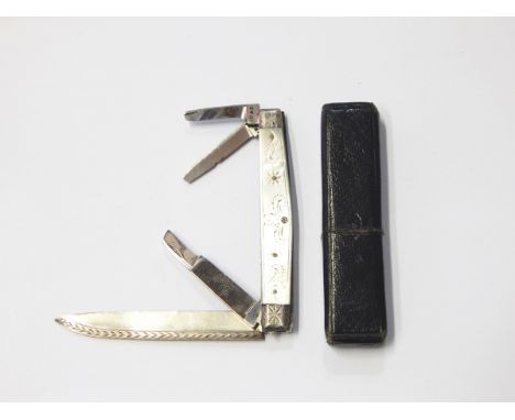 19th century silver penknife with three additional steel blades and engraved mother-of-pearl handle, marked "Read" to blades 