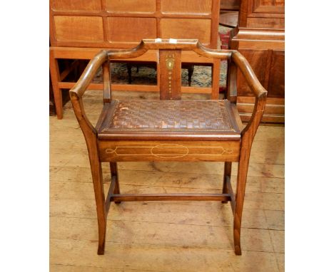 Mahogany piano stool with inlaid and painted splat to the shaped back and arms, leather seat, square splade supports