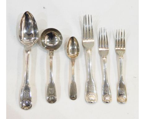 Matched suite of fiddle, shell and thread pattern flatware, mixed dates and makers, comprising eight table forks, seven desse