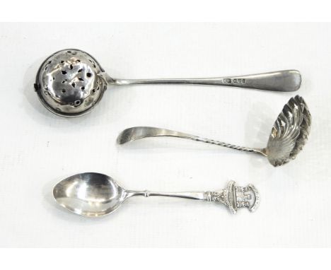 Silver matchbox holder, Birmingham 1911, tea infuser, Chester 1922, sugar dredger, Birmingham 1891 and souvenir spoon 'Gibral