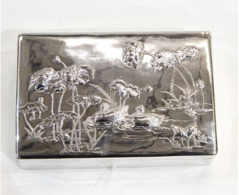 Chinese silver cigar box, possibly by Sing Fat, Canton, early 20th century, of rectangular form, the lid decorated with water