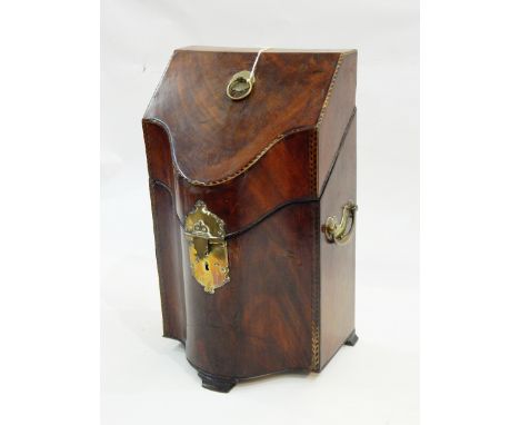 George III inlaid mahogany serpentine fronted knife box, with ring handled top herringbone inlaid borders, fitted interior pa
