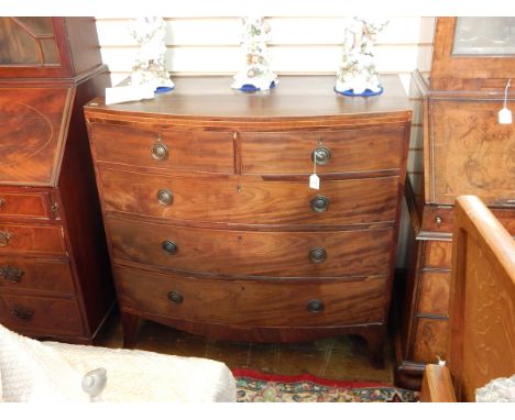 George III figured mahogany bowfronted chest of two short and three long graduated drawers, circular handles, satinwood strin