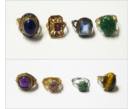 Amethyst ring, the central circular cabochon amethyst set in filigree shoulders, tiger's eye quartz ring, lapis lazuli ring w