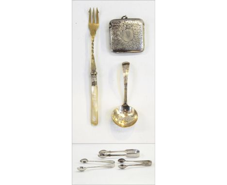 Silver vesta case of square form with engraved foliate scroll decoration, pair of Victorian fiddle pattern silver sugar tongs