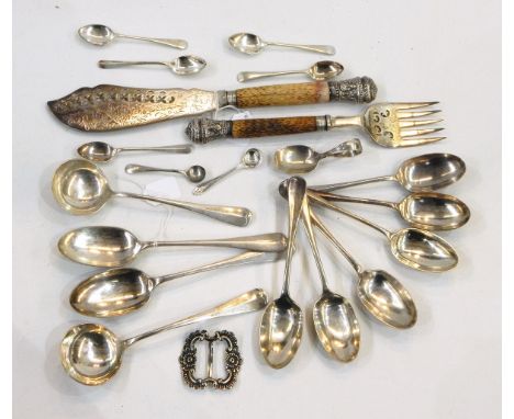Pair of Victorian fish servers with engraved silver plated tines and blade, bone handles and silver mounts decorated with ram