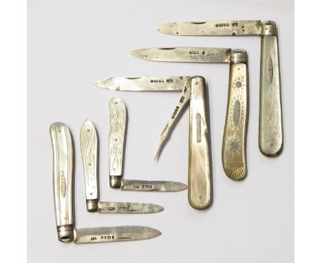 Small silver folding fruit knife the mother-of-pearl handle decorated with flowers, Sheffield 1879 by Thomas Marples and five