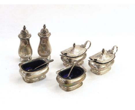 Silver six-piece condiment set comprising a pair of mustard pots, a pair of salts and a pair of pepperettes, with four condim