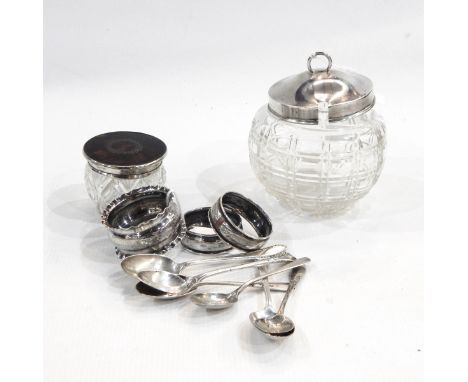 Cut glass preserve pot with silver cover, Birmingham 1909, pair of napkin rings and one other, six various silver spoons and 