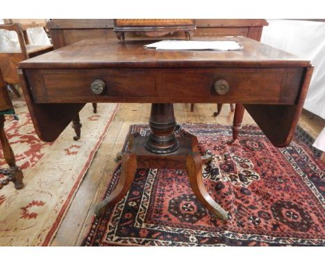 Regency Cuban mahogany and satinwood banded sofa table fitted two drawers to frieze, raised on turned pedestal to platform ba