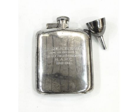 Silver quarter pint hip flask by James Dixon & Sons Limited, Sheffield 1940 of plain curved rectangular form with engraved pr