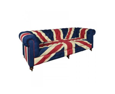 Bensington 3 Seater Fabric Sofa In Vintage Union Jack Classic Chesterfield style Solid wooden feet with castors Dimensions: 3