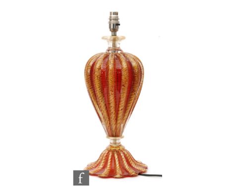 Barovier - A large post war Italian Murano Cordonato d'Oro glass table lamp base of fluted ovoid form raised to a capstan ste