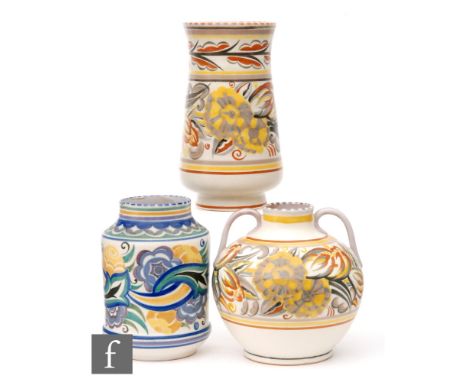 Carter Stabler and Adams (Poole Pottery) - Two 1930s red bodied vases decorated in the CF pattern comprising a shape 979 deco