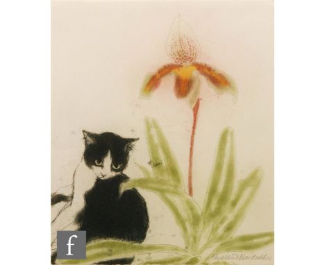 Elizabeth Blackadder (B. 1931) - 'Orchid and Cat', etching and aquatint, signed in pencil, numbered 7/75, bears Goldmark Gall