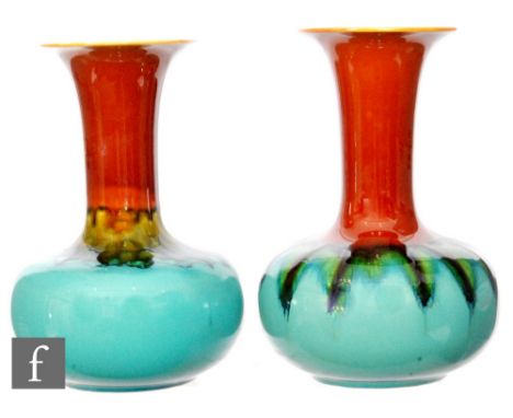 Christopher Dresser - Linthorpe Pottery - A matched pair of late 19th Century vases of globular form, rising to a tall neck w