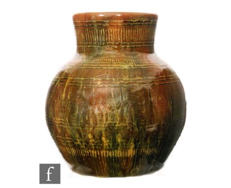 Christopher Dresser - Linthorpe Pottery - A late 19th Century vase of Peruvian influence, of ovoid from, extending to a uprig