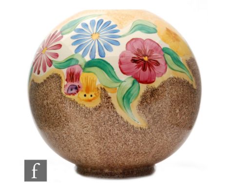 Clarice Cliff - Petunia - A shape 370 globe vase circa 1933, hand painted with a deep band of stylised flowers and foliage ov