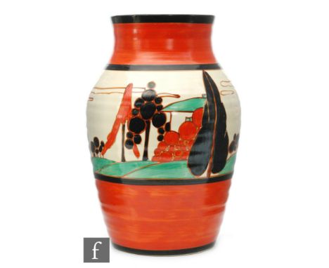 Clarice Cliff - Red Trees &amp; House - An Isis vase circa 1930, hand painted with a continuous tree and cottage landscape be