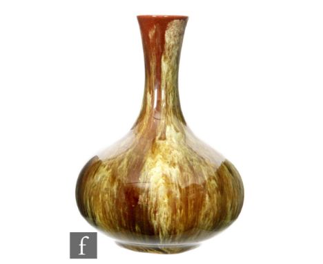 Linthorpe Pottery - A 19th Century bottle form vase, with all over running green and umber glazes, impressed factory mark and