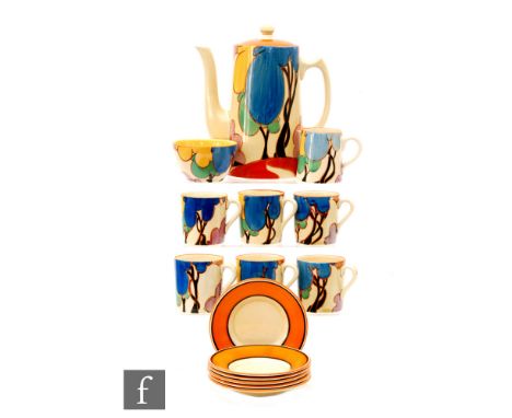 Clarice Cliff - Blue Autumn - A Tankard shape coffee set comprising coffee pot, milk, sugar and six cups and saucers, circa 1