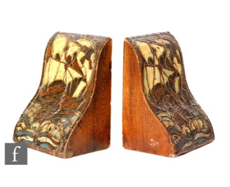 Unknown - A pair of early 20th Century wooden bookends decorated with repousse copper panels of Galleons in full sail picked 