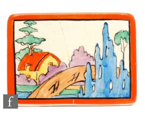 Clarice Cliff - Orange Roof Cottage - A rectangular advertising plaque circa 1932, hand painted with a stylised cottage and b