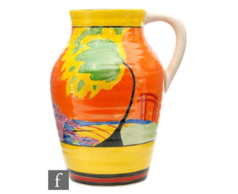 Marjory Higginson - Clarice Cliff - A late 1930s single handled mushroom glazed Lotus jug later decorated by Bizarre Girl Mar