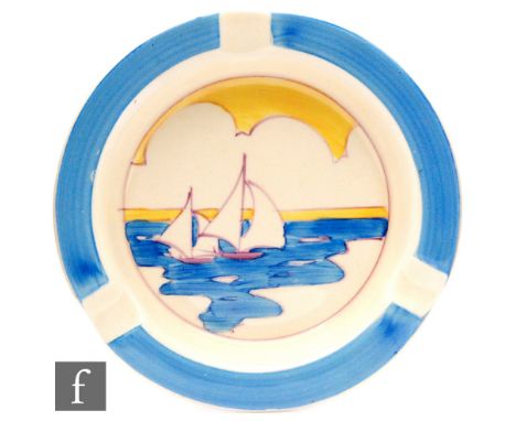 Clarice Cliff - Gibraltar - A circular ash tray circa 1931, hand painted with sailing boats at sea before a stylised coastal 