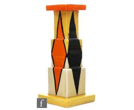 Clarice Cliff - Diamonds - A shape 392 square stepped candlestick circa 1930, hand painted with alternate black and orange di