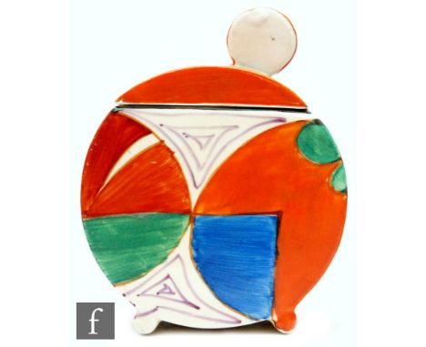 Clarice Cliff - Melon - A Bon Jour shape preserve pot and cover circa 1933, hand painted with abstract fruit with orange and 