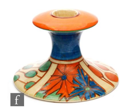 Clarice Cliff - Umbrellas &amp; Rain - A shape 310 candlestick circa 1930, hand painted with alternate panels of abstract umb